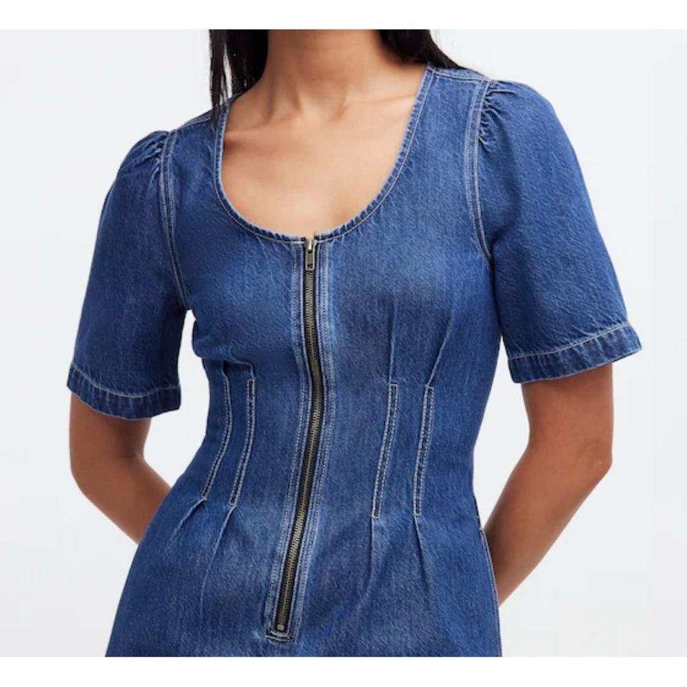 Madewell Darted Dark Blue Denim Short Sleeve Mini Dress Fitted Front Zipper 0